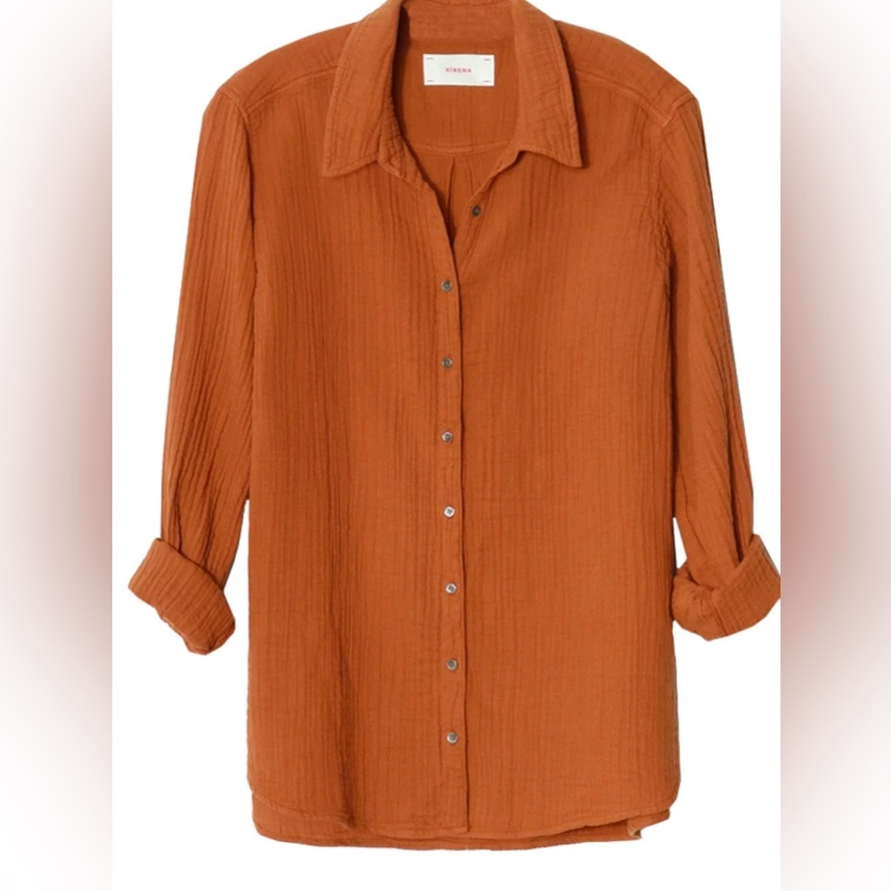 Xirena Top Shirt Womens Small Orange Button-Up Long Sleeve Cotton Gauze